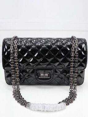 Glossy Black Quilted Patent Shoulder Bag with Chain Strap